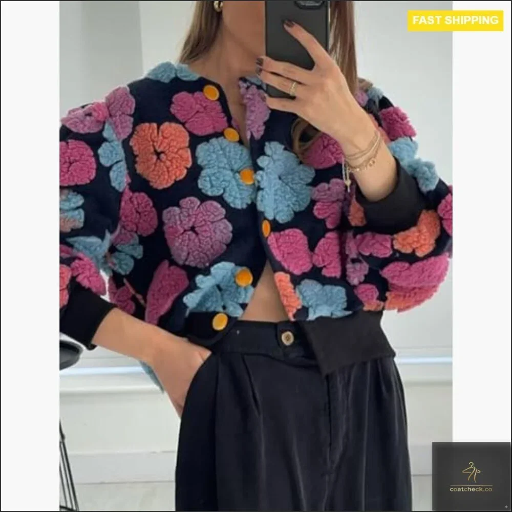 Cropped Fleece Bomber Jacket Puff Sleeve Floral Print Button Down